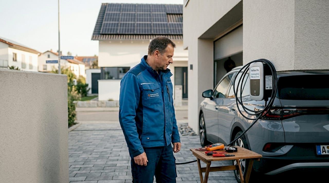Ein Elektriker überprüft die Wallbox, die direkt neben der Solaranlage installiert ist.
