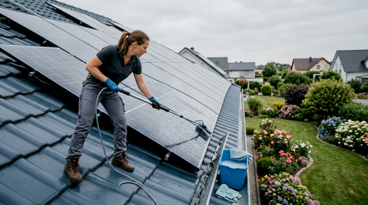 Tipps zur PV-Anlagenpflege für Augsburger Hausbesitzer 1 Eine Frau säubert ihre Solarpanels sorgfältig mit einer Wasserbürste.