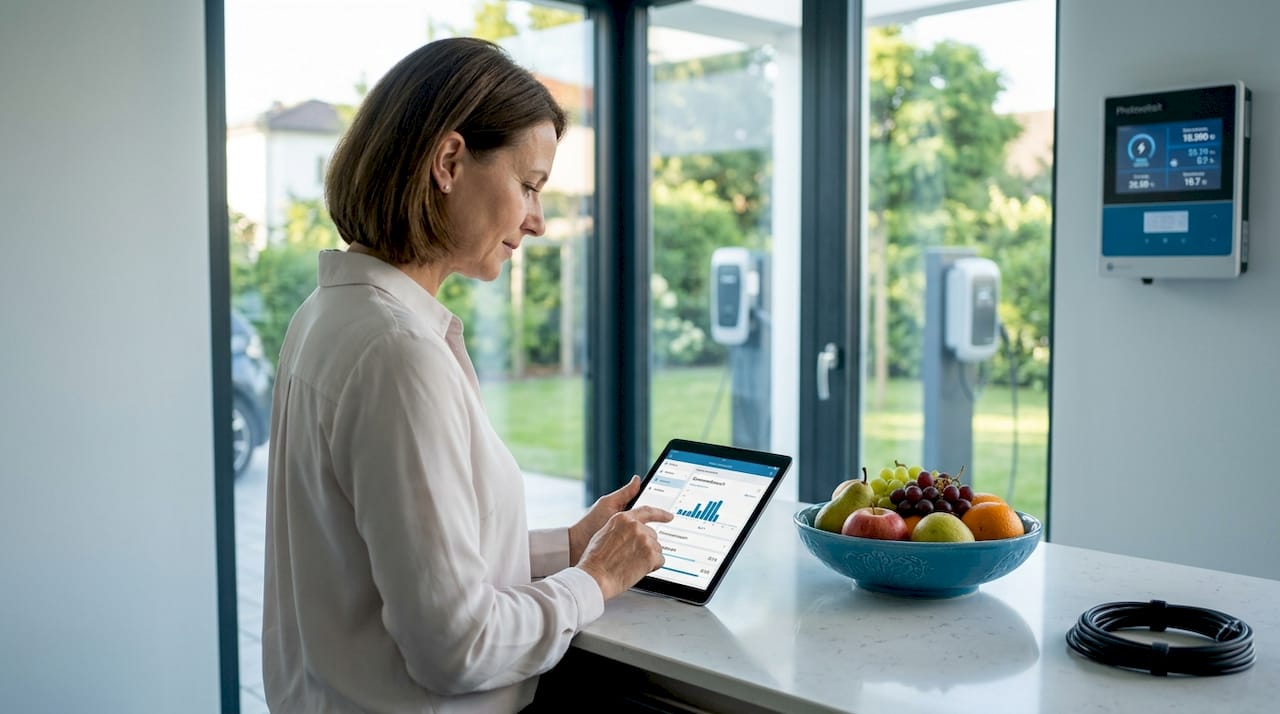 Eine Frau steuert ihr Smart Home bequem per Tablet in der Küche.