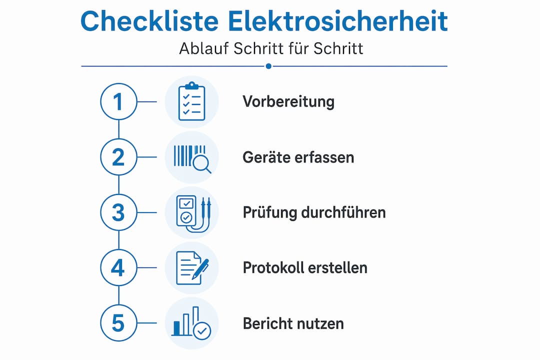 Prüflisten Elektrosicherheit: Leitfaden für 2026 1 Schritt-für-Schritt erklärt: So läuft ein Elektrosicherheitscheck ab – anschaulich dargestellt in unserer Infografik.