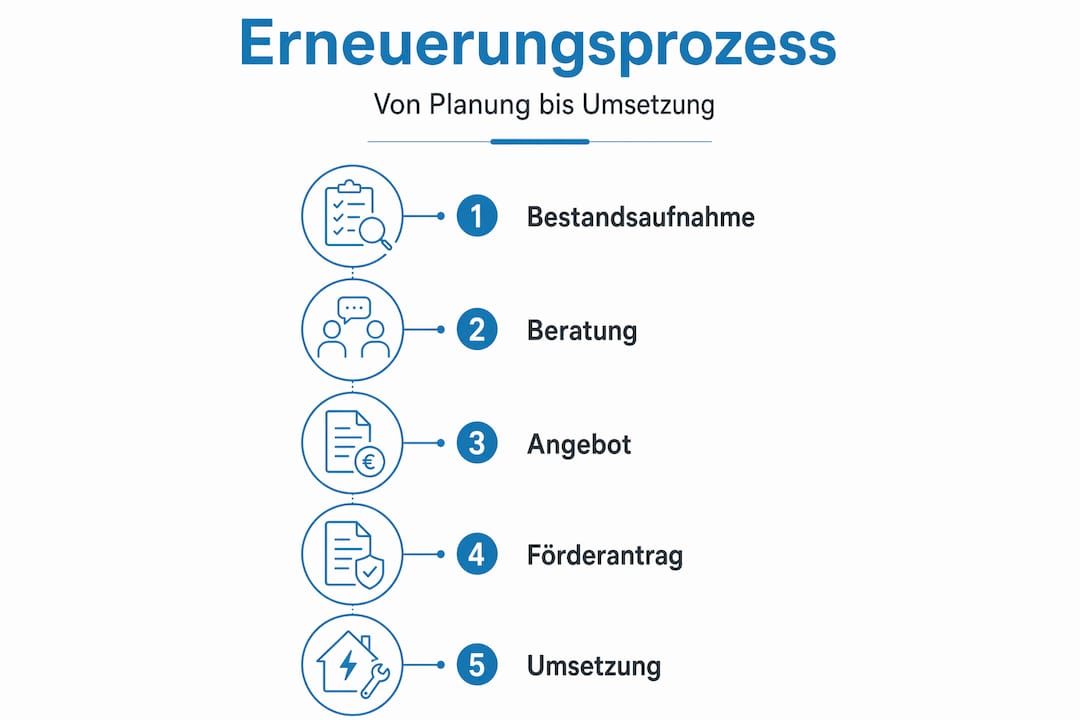 Energieversorgung erneuern: Prozess Schritt für Schritt 1 Infografik: So funktioniert die Energieversorgung – fünf Schritte im Überblick