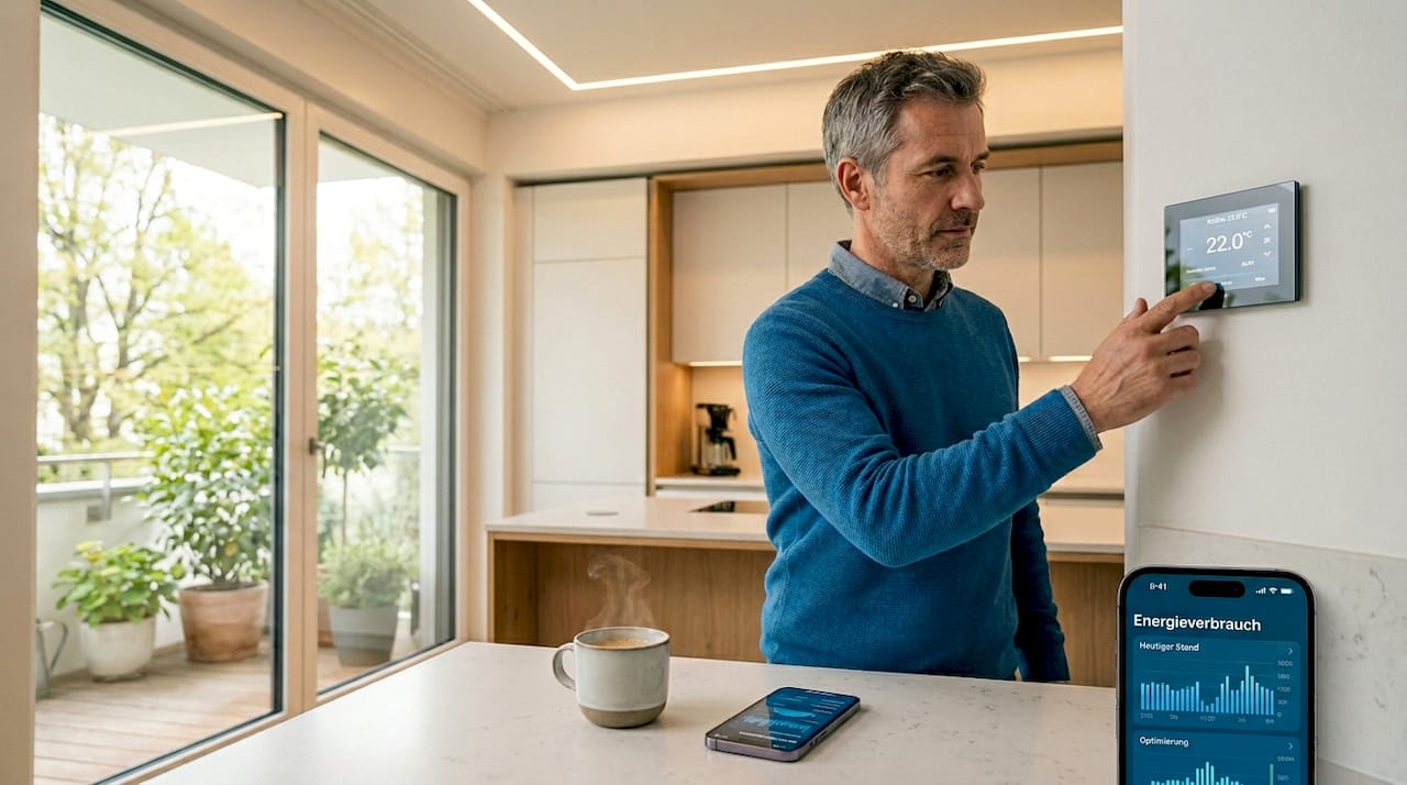 Ein Mann steuert Heizung und Beleuchtung bequem über sein Smarthome-System.