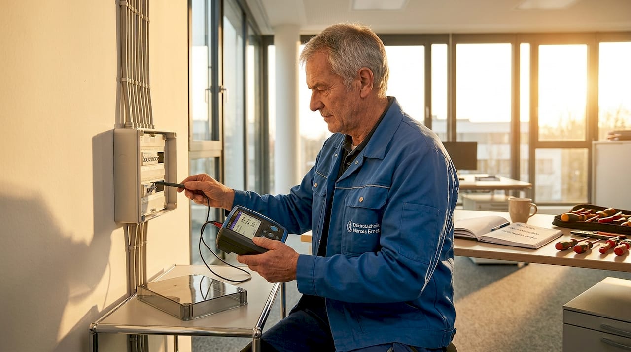 Im Berufsalltag kontrolliert ein Elektriker regelmäßig die Verteilerkästen im Büro, um einen sicheren Betrieb zu gewährleisten.