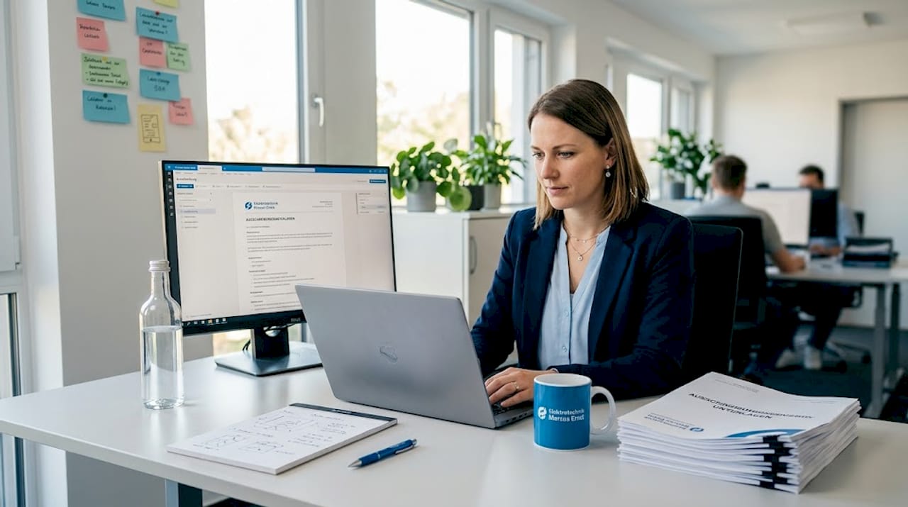 Im Büro nimmt die Projektleiterin aktuelle Ausschreibungen genau unter die Lupe.