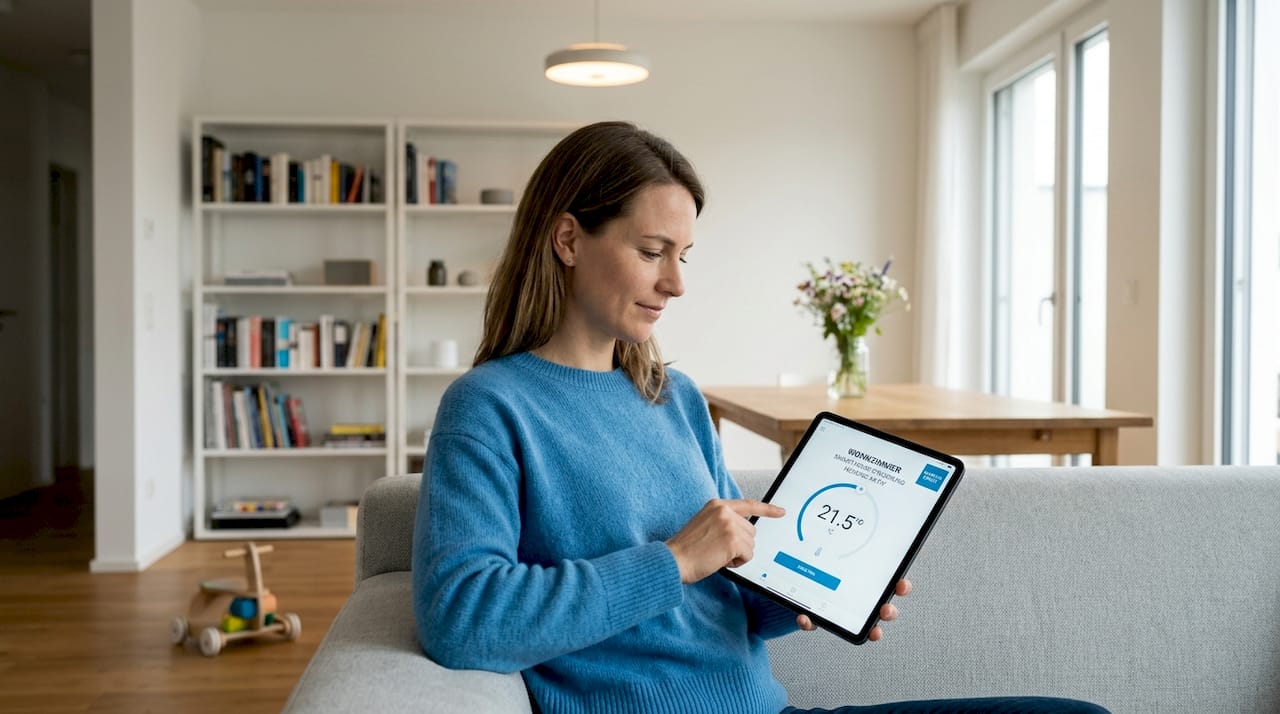 Im Wohnzimmer sitzt eine Frau und steuert ihr Smart Home bequem über ein Tablet.