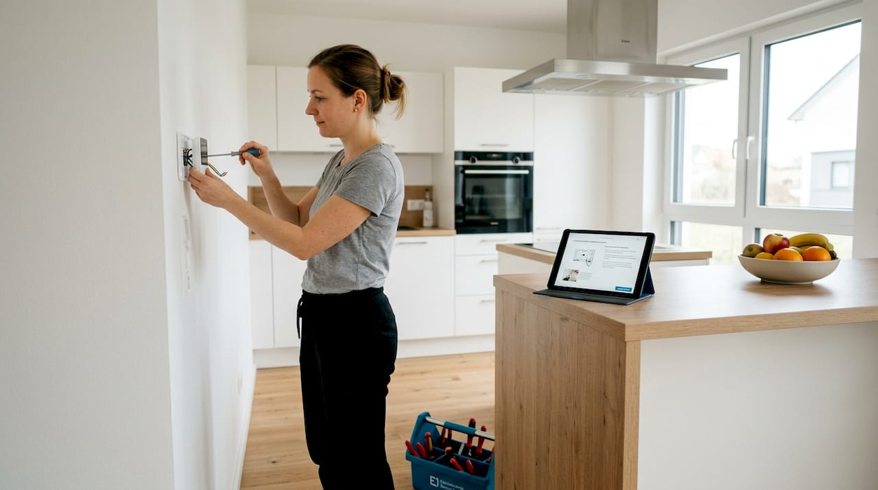 Elektro Friedberg Bayern: Ihr Wegweiser 2026 1 Eine Frau installiert ein smartes Thermostat in ihrem Zuhause.
