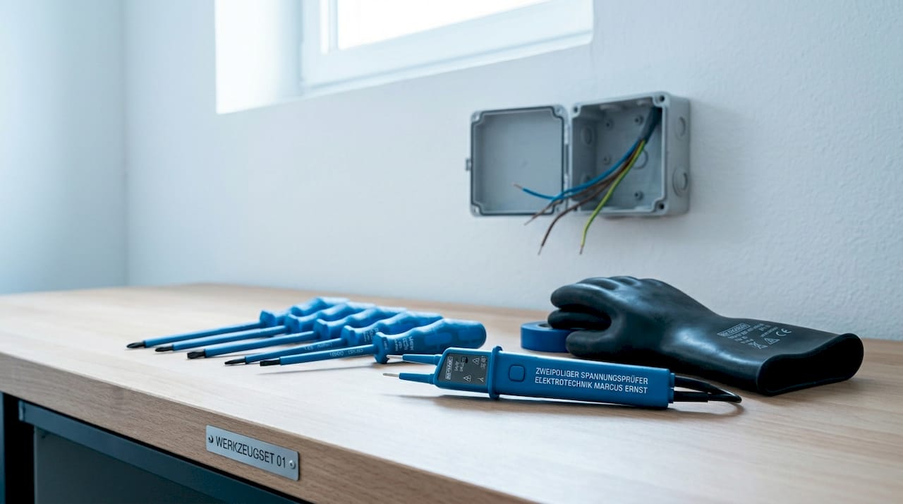Auf der Werkbank liegen verschiedene Werkzeuge eines Elektrikers bereit, direkt neben einem offenen Sicherungskasten.