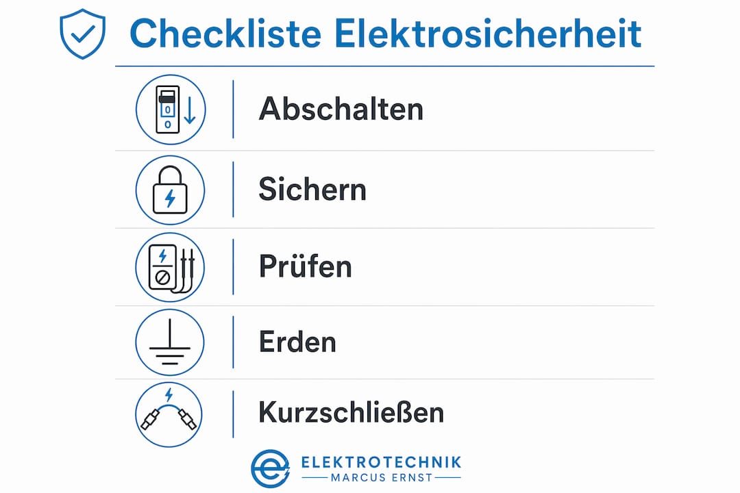 Übersichtsgrafik: Die fünf wichtigsten Sicherheitsregeln in der Elektrotechnik auf einen Blick