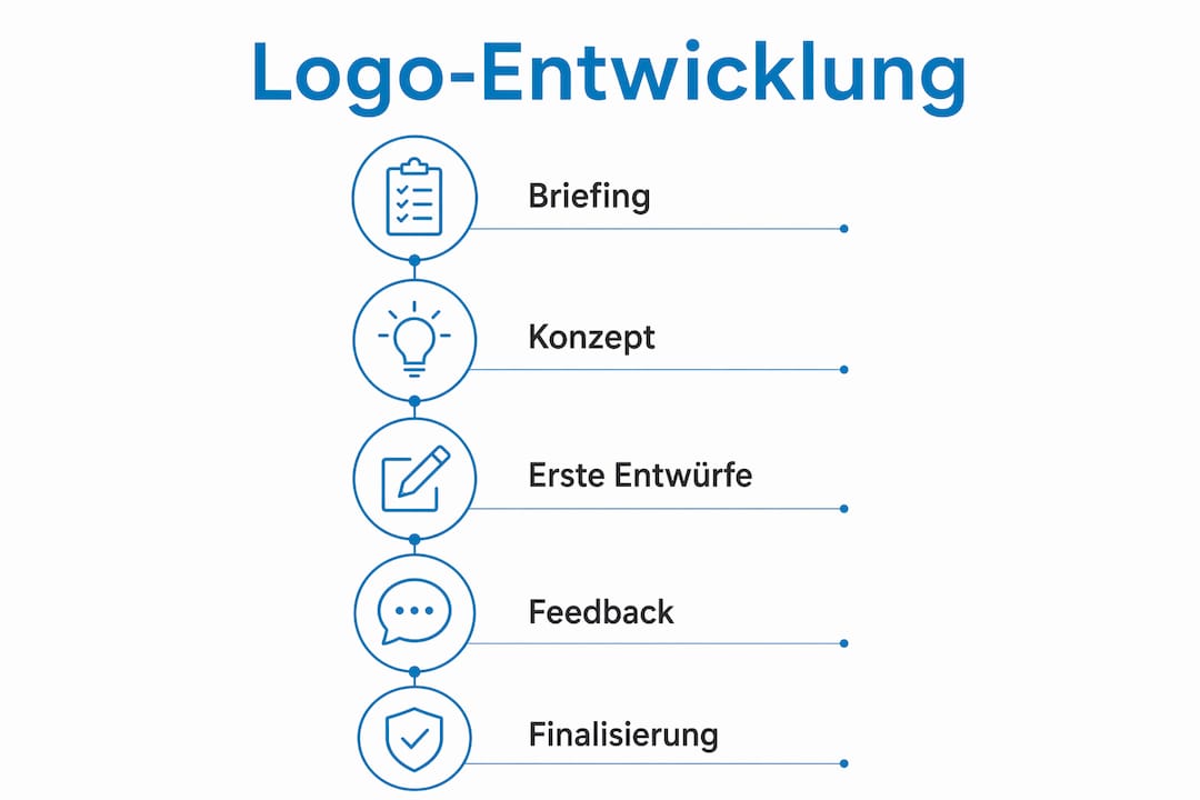 Firmenlogo Elektro: Markenidentität gezielt aufbauen 2 Die Infografik veranschaulicht, wie ein Logo in fünf Schritten entsteht.