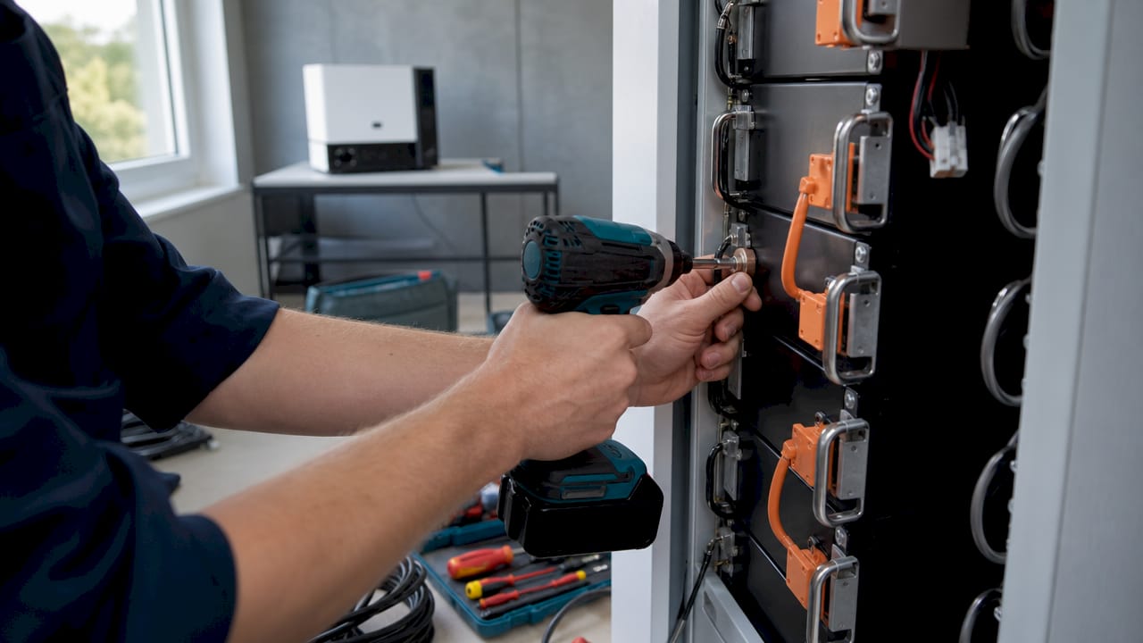 Ein Fachmann nimmt einen Batteriespeicher für die Photovoltaikanlage in Betrieb.