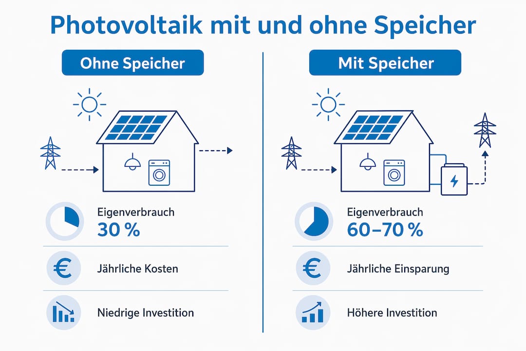 Grafik: Photovoltaikanlage im Vergleich – mit und ohne Stromspeicher