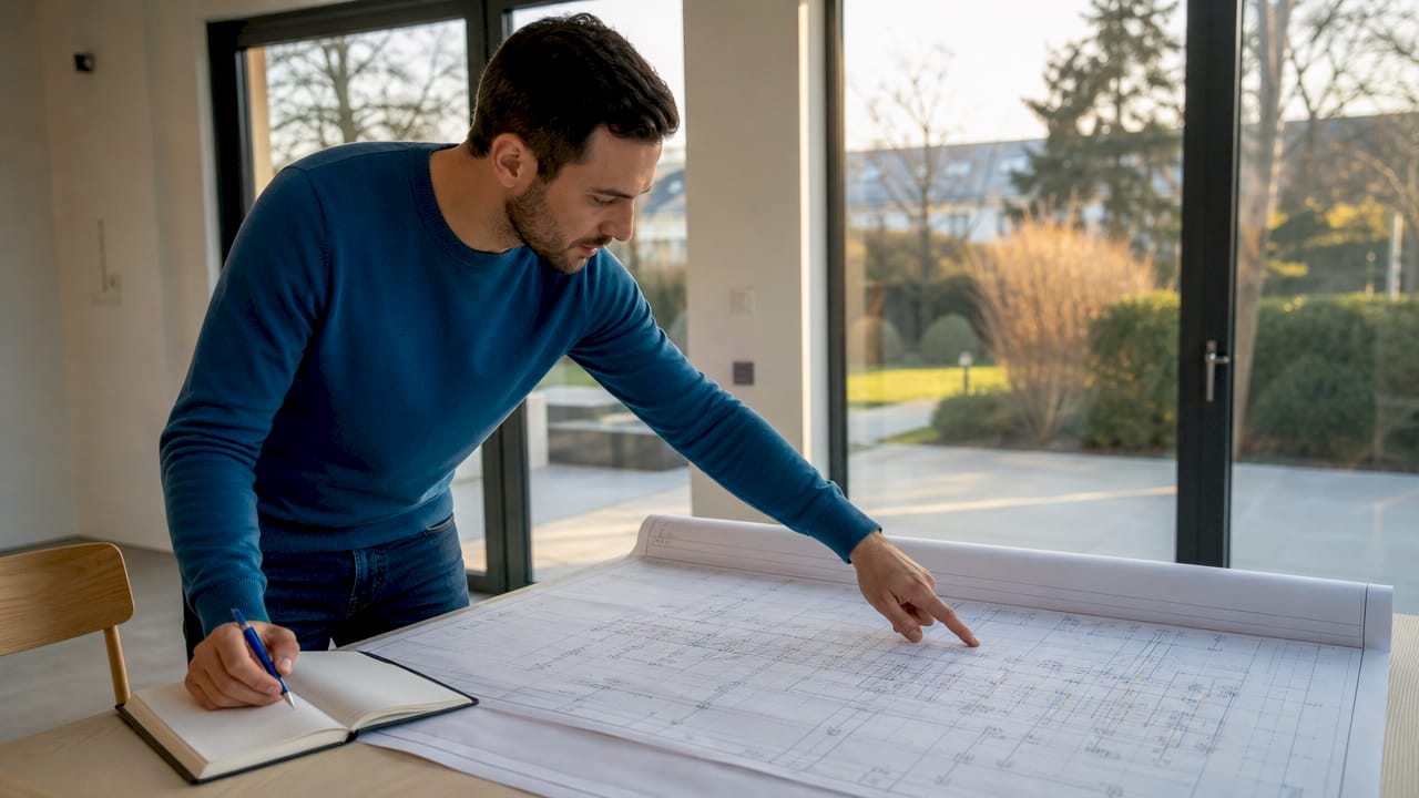 Ein Elektroplaner kontrolliert die technischen Zeichnungen auf ihre Richtigkeit und Vollständigkeit.