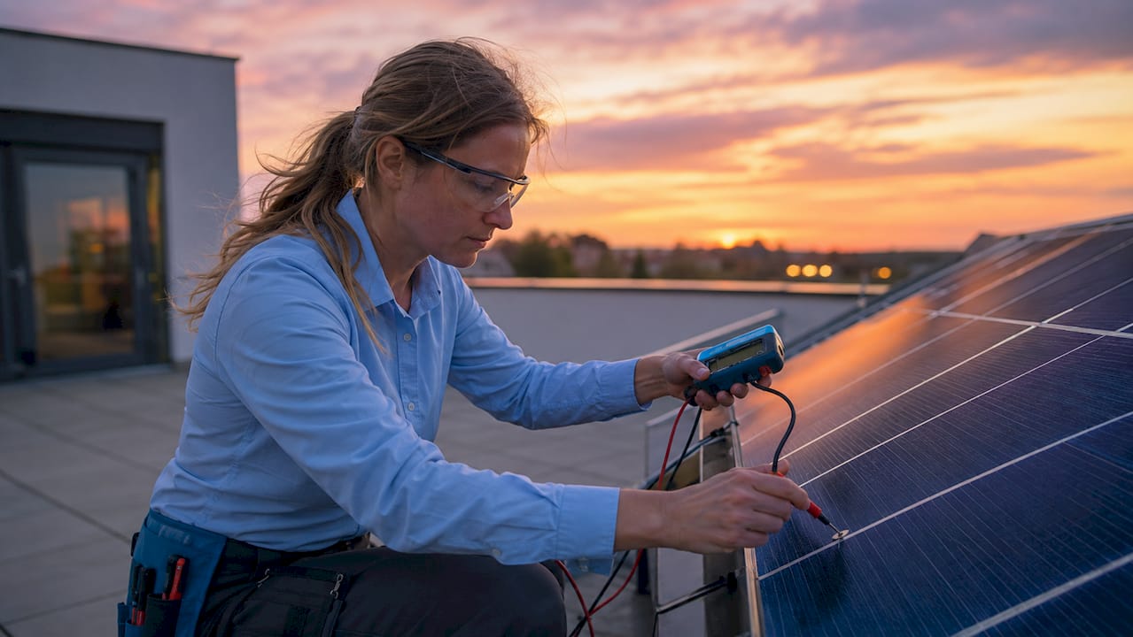 Ein Techniker überprüft die Solarmodule einer Photovoltaikanlage auf Funktion und Zustand.