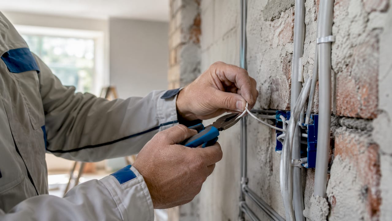 Ein Elektriker installiert moderne Smart-Home-Verkabelung fachgerecht in der Wand.