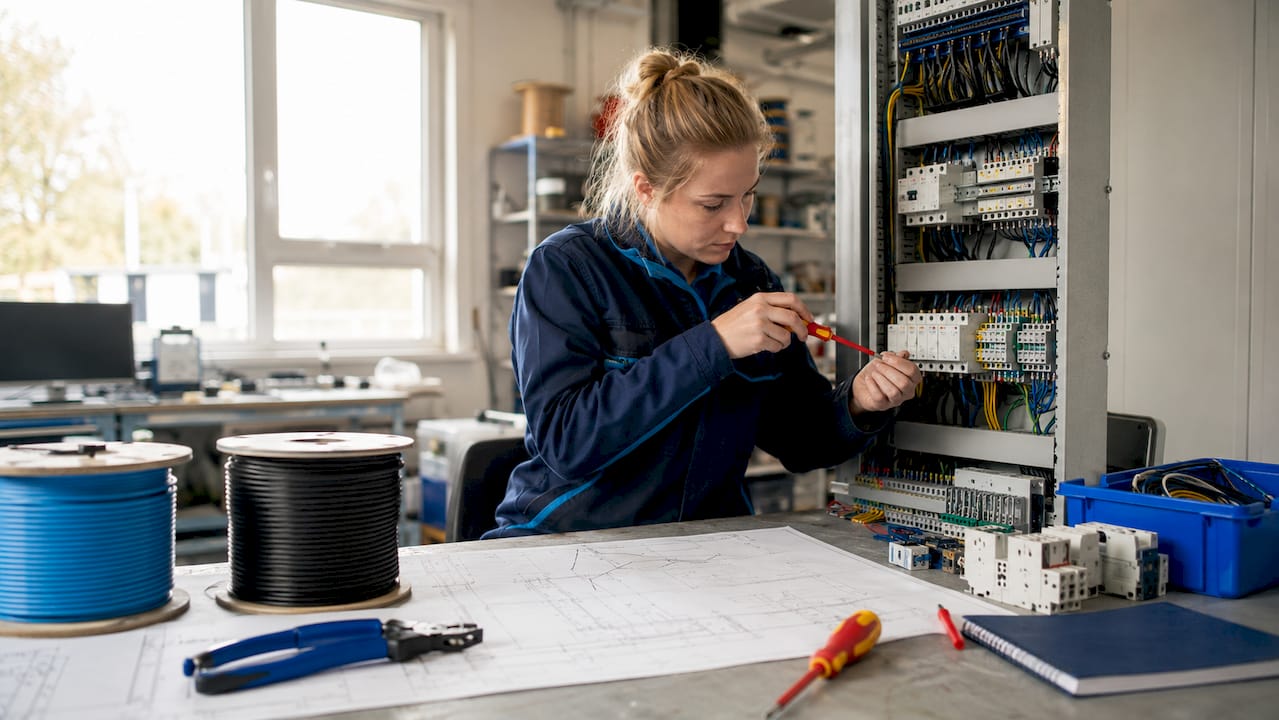 Elektroinstallateurin bei der Verdrahtung eines Schaltschrankes