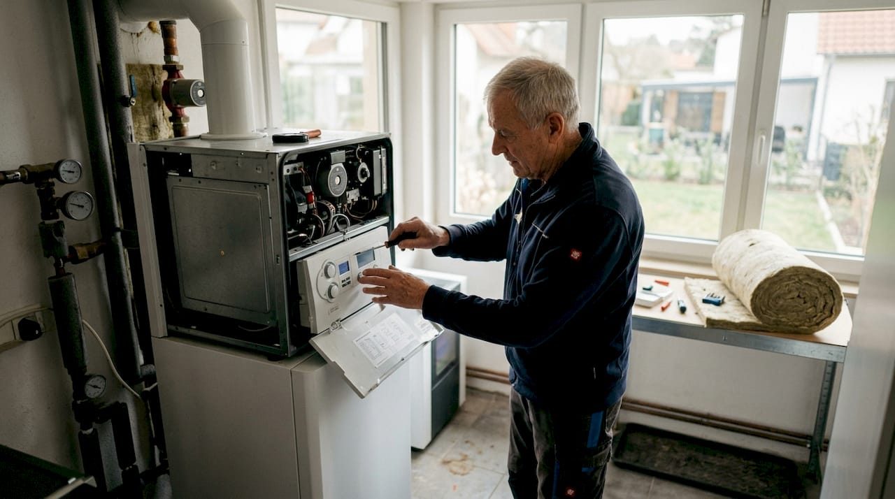 Ein Techniker führt eine Kontrolle der Heizungsanlage im Betriebsraum durch.