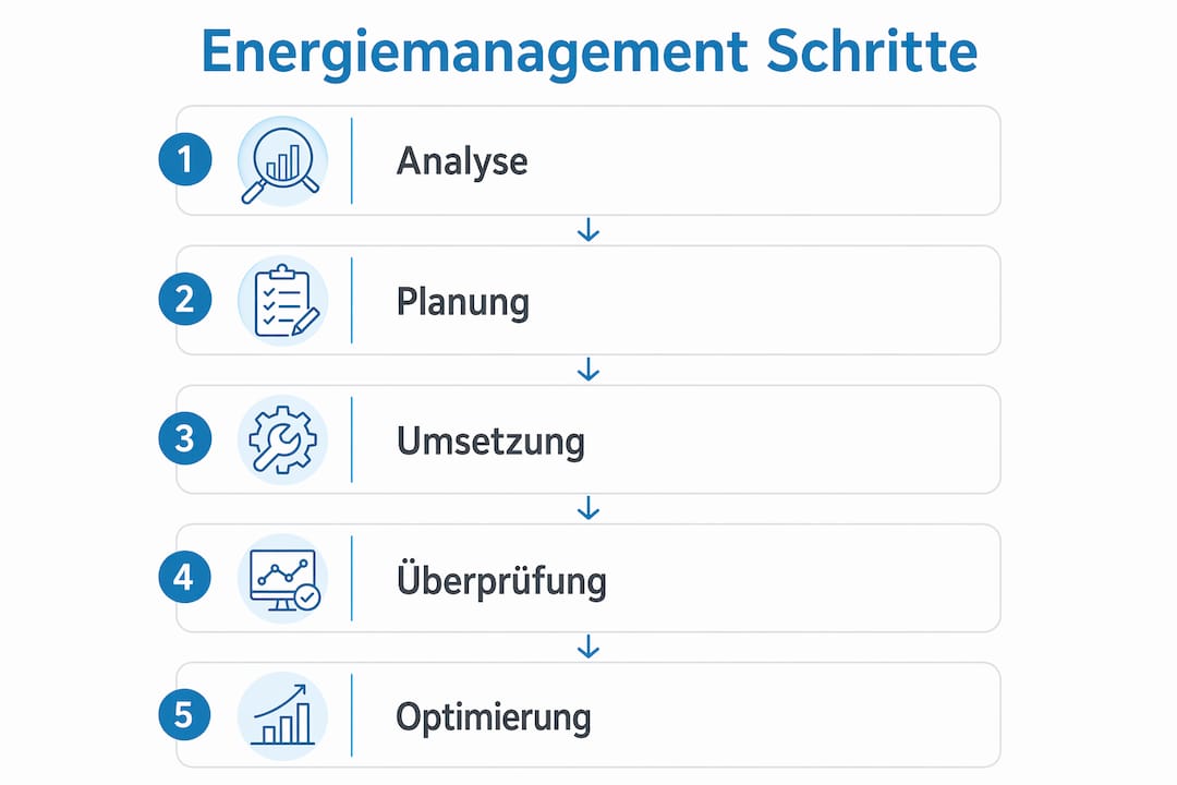 Schritt-für-Schritt-Anleitung zum effektiven Energiemanagement als übersichtliche Infografik