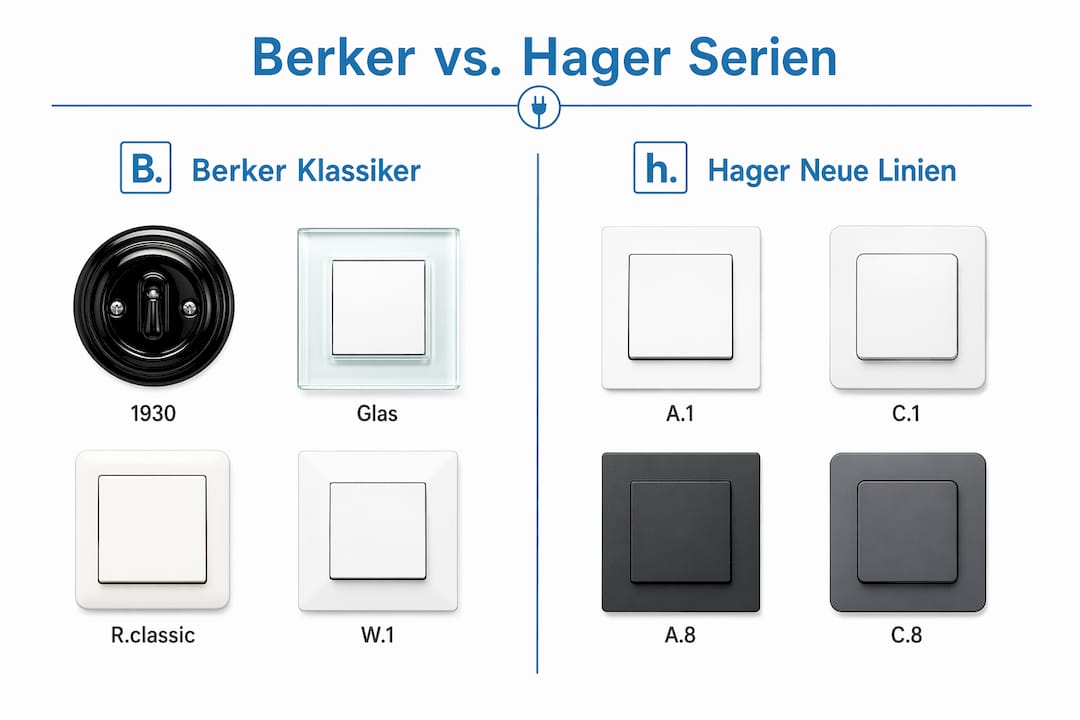 Infografik: Gegenüberstellung der klassischen Berker Serien und der neuen Hager Produktlinien