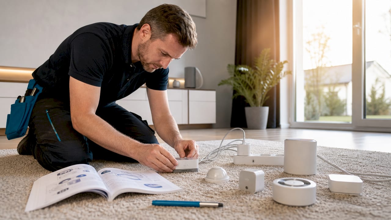 Smart-Home-Zentrale und verschiedene Geräte auf einem Tisch arrangiert