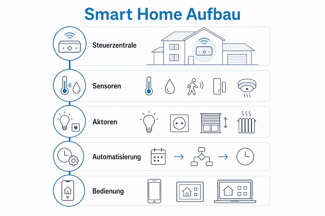 Die Infografik veranschaulicht die verschiedenen Smart-Home-Komponenten und ihre Funktionen – übersichtlich und in aufeinander abgestimmten Schritten dargestellt.