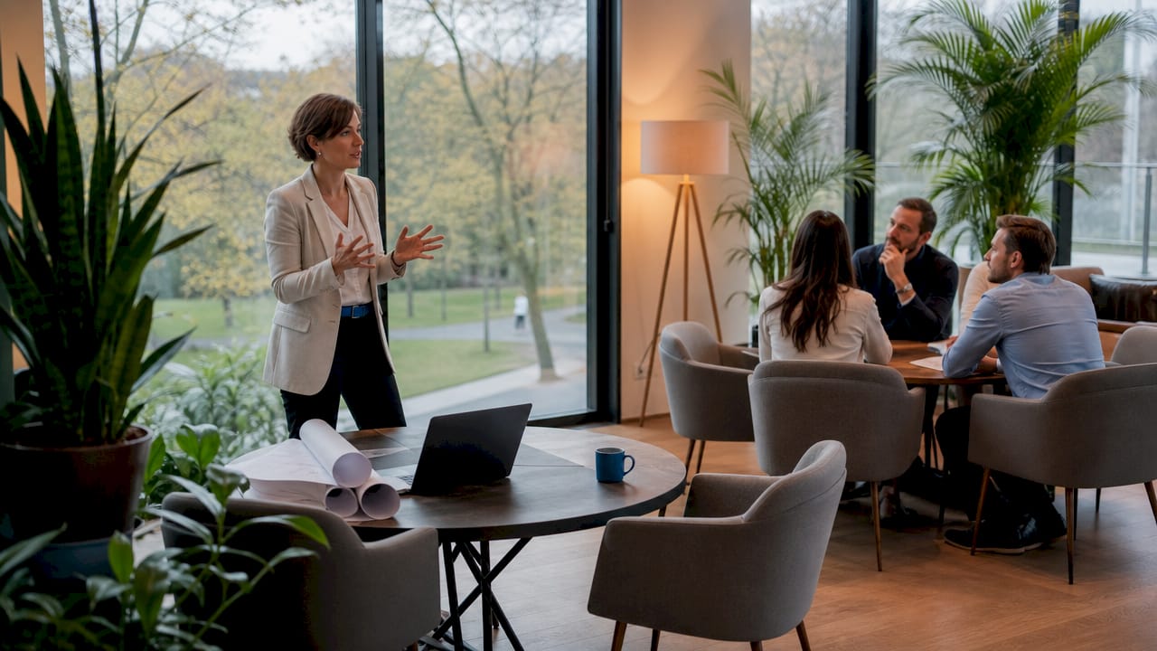 Die Projektleiterin stimmt sich mit ihrem Elektro-Team am Konferenztisch ab und sorgt für einen reibungslosen Ablauf.