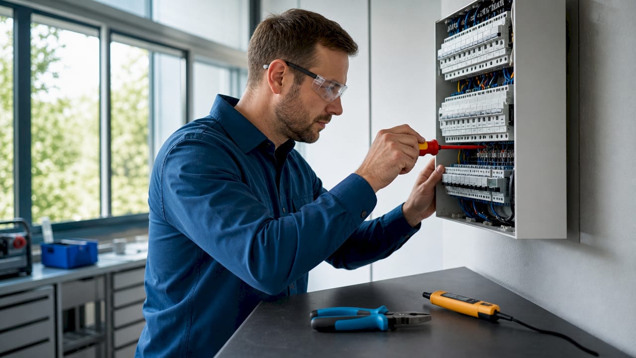Beste Elektroinstallation Werkzeuge: Sicher und effizient 1 Ein Elektriker zieht mit einem isolierten Schraubendreher die Schrauben an einem Verteilerkasten fest.