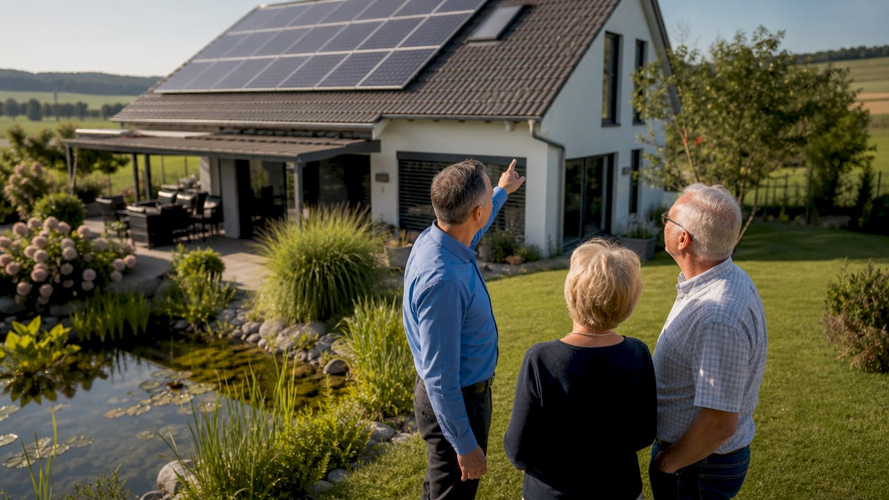 Ein Experte erläutert Hausbesitzern, wie eine Photovoltaikanlage funktioniert.