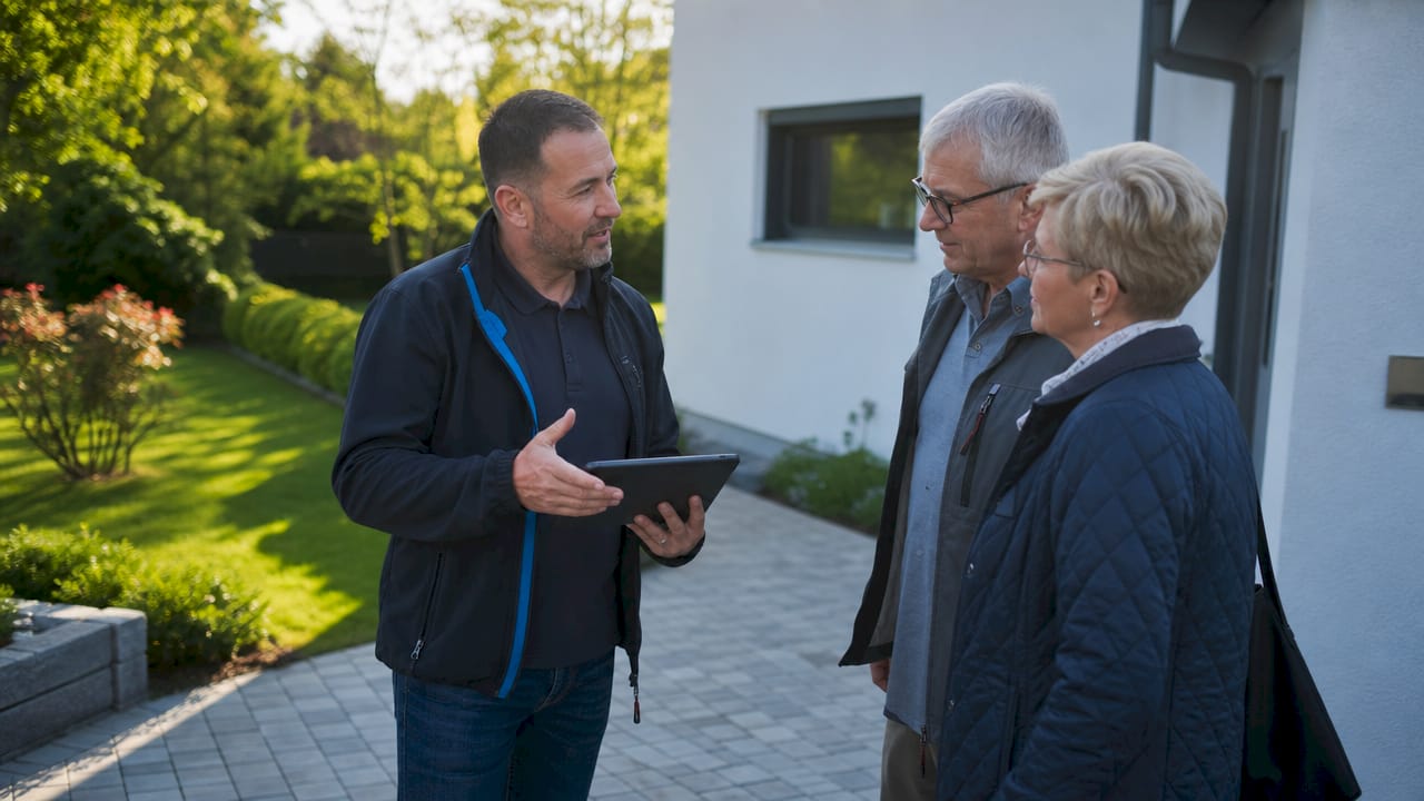 Ein Elektrotechniker berät Kunden direkt vor Ort in ihrem Zuhause.