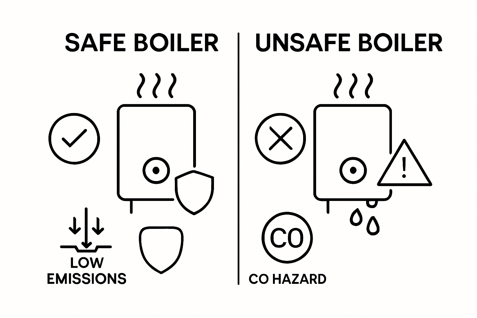 Safe vs unsafe boiler visual comparison with safety icons