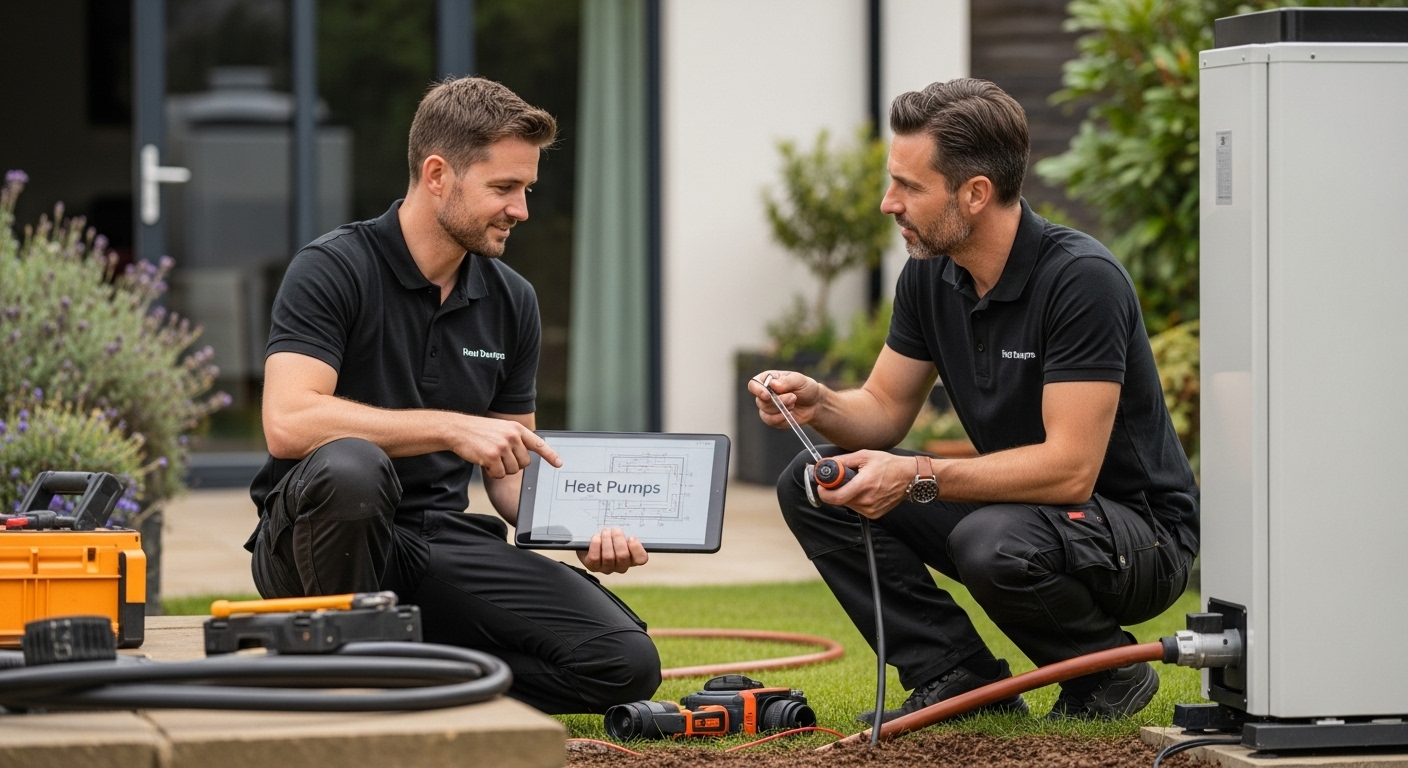 technicians installing heat pump