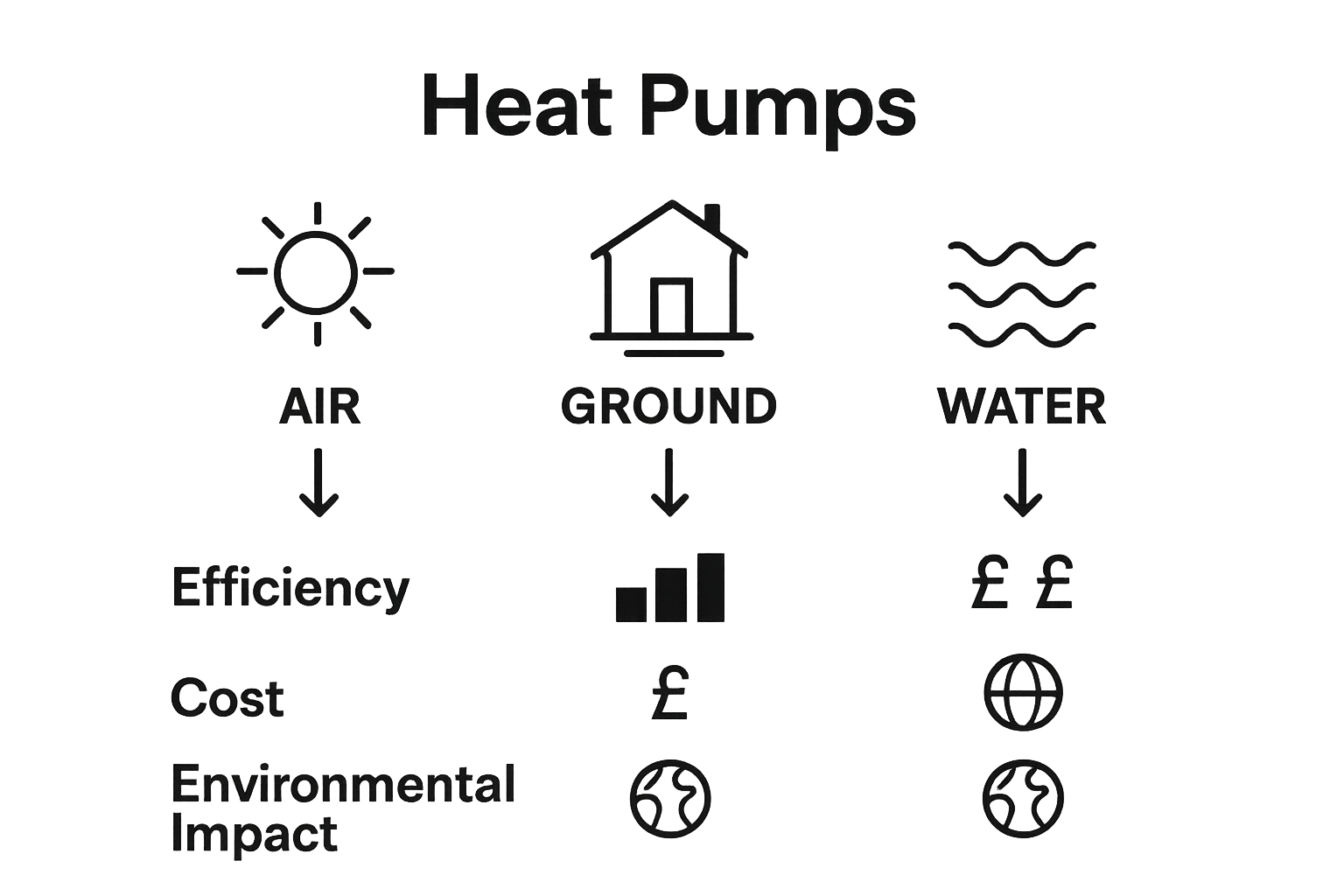Heat pump types comparison infographic: air, ground, water