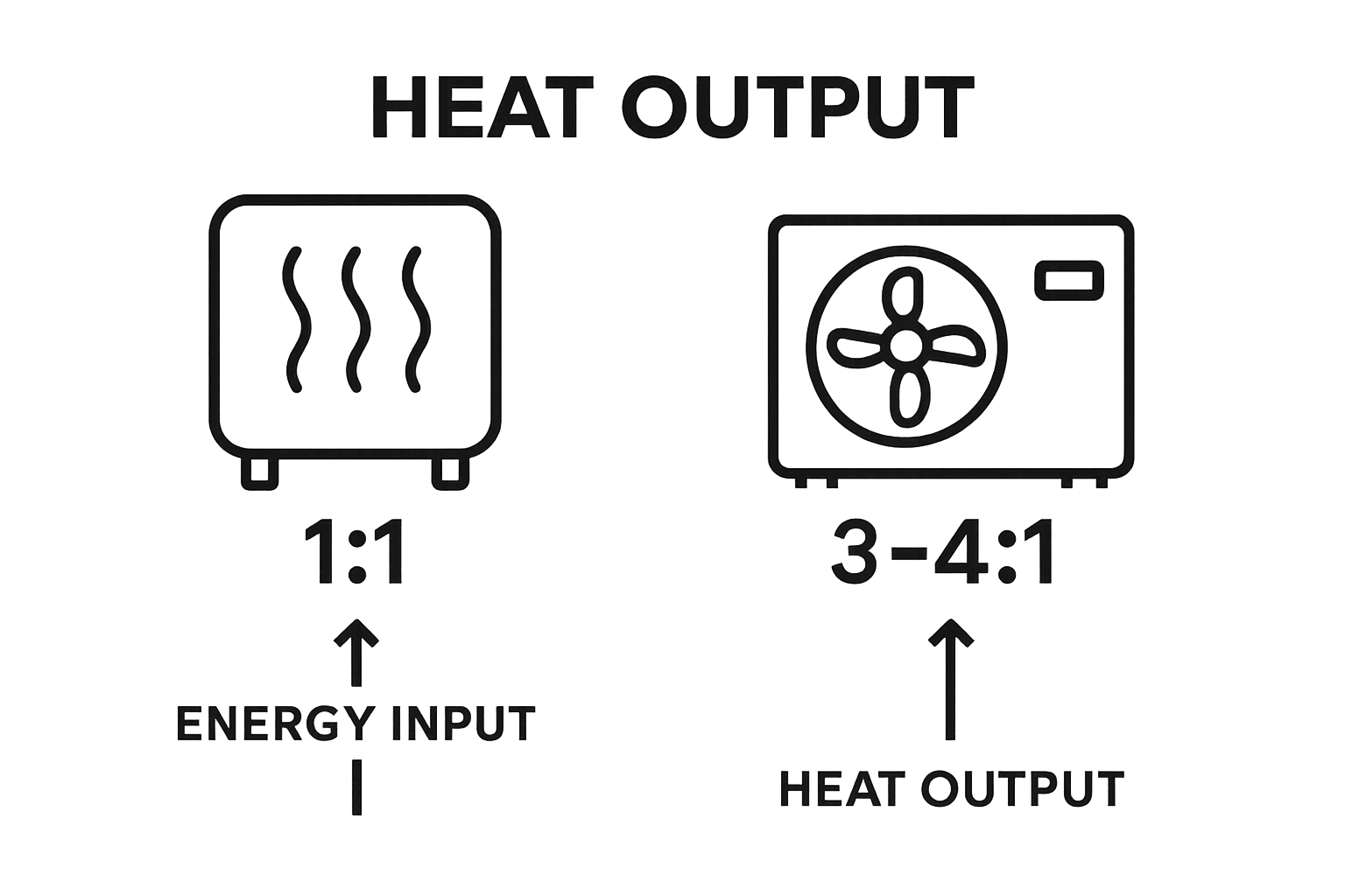 Infographic comparing efficiency of traditional heaters versus air to air heat pumps