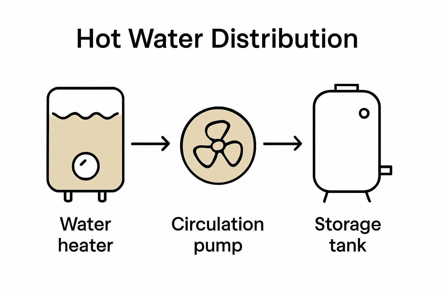 Infographic showing water heater, pump, and storage tank connection