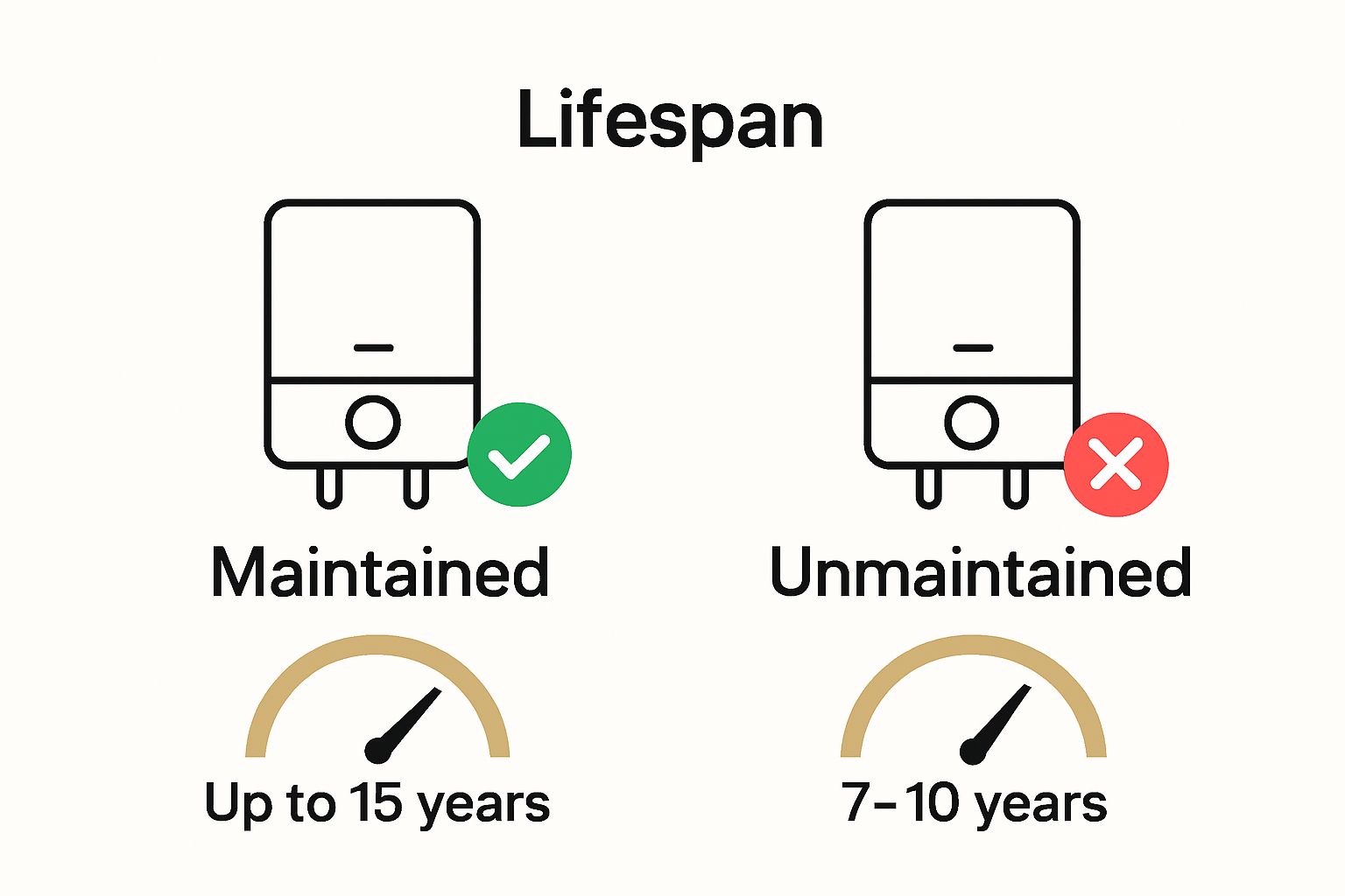 Infographic comparing maintained vs. unmaintained boiler lifespan