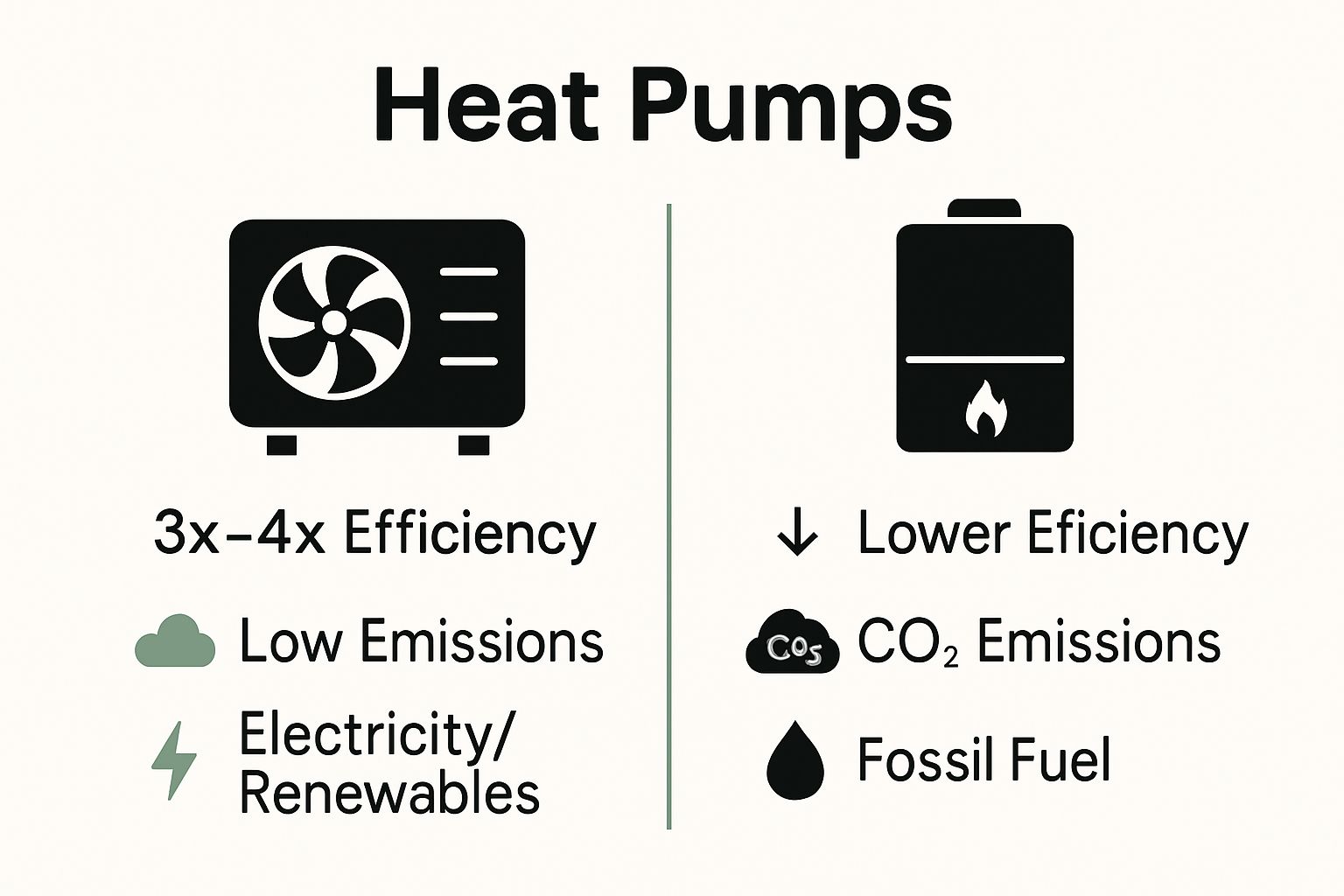Heat pump vs. gas boiler infographic: efficiency, emissions, and energy source compared