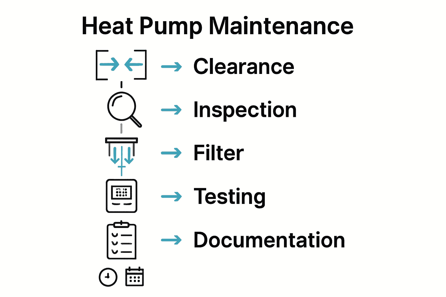 Five-step infographic showing heat pump maintenance workflow with icons