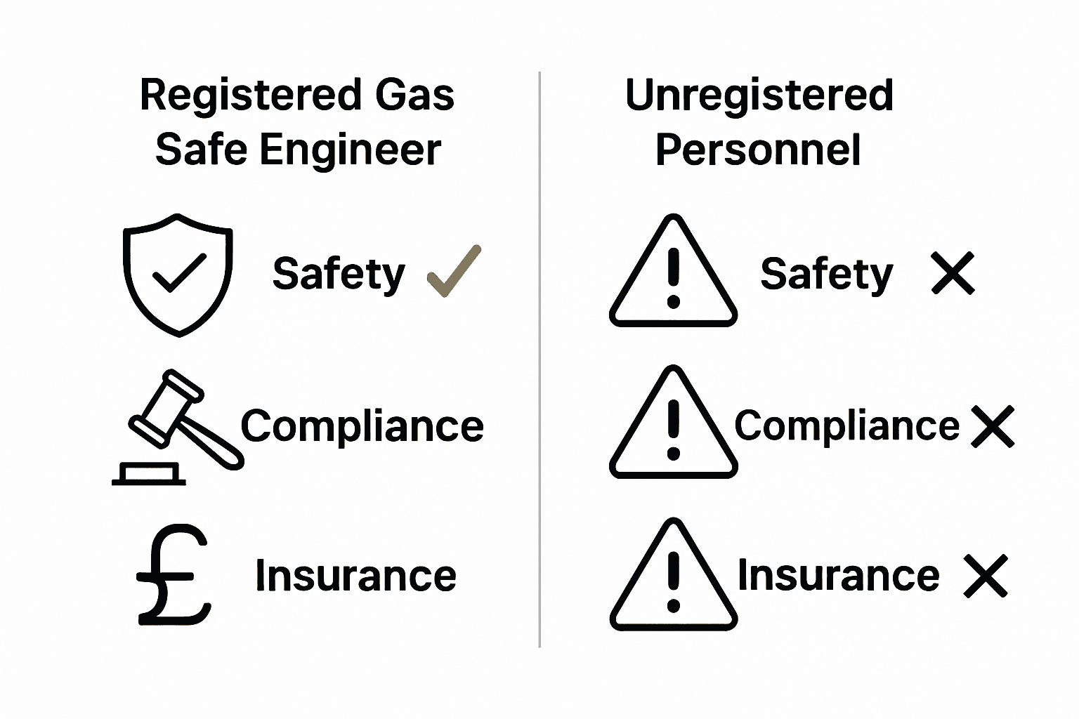 Comparison chart of Gas Safe engineer versus unregistered personnel regarding safety, legal risks, and insurance.