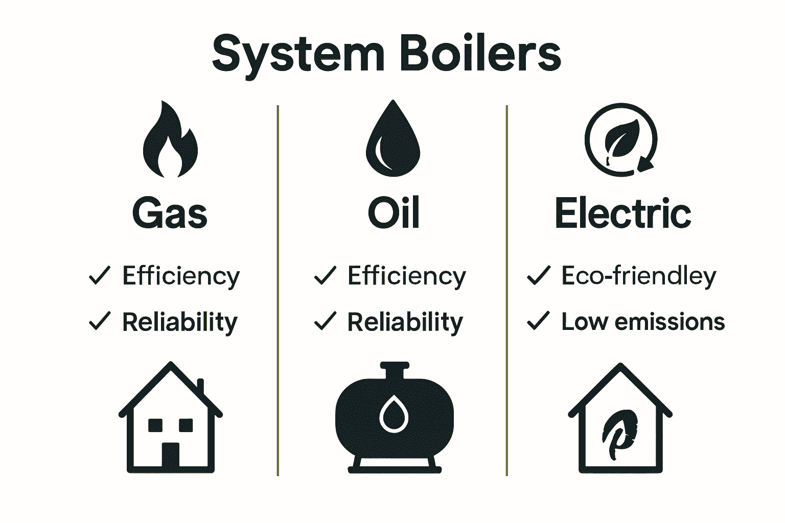 Infographic comparing gas, oil, and electric system boiler types in UK homes.