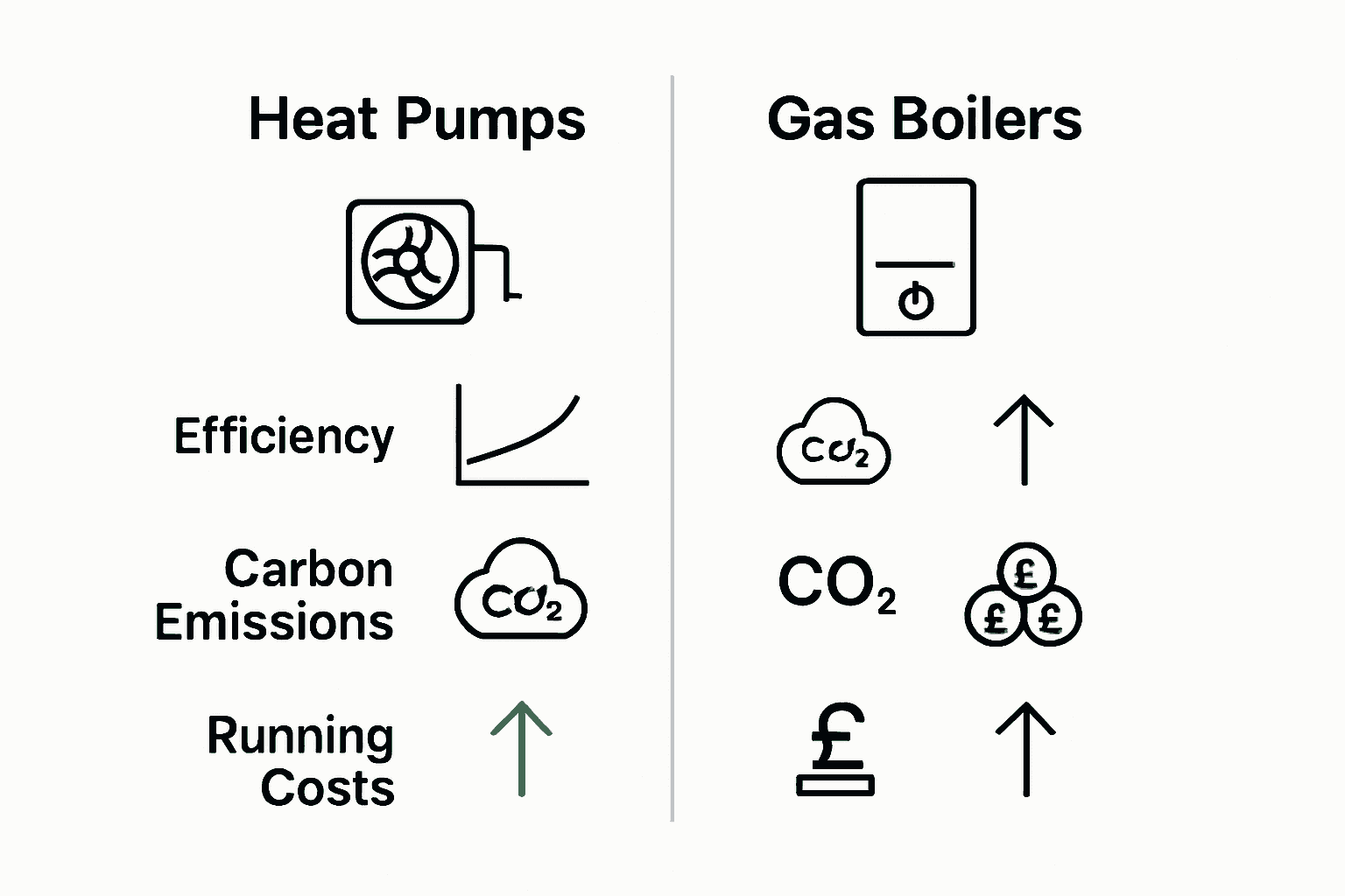 Infographic comparing efficiency and emissions of heat pumps versus boilers.