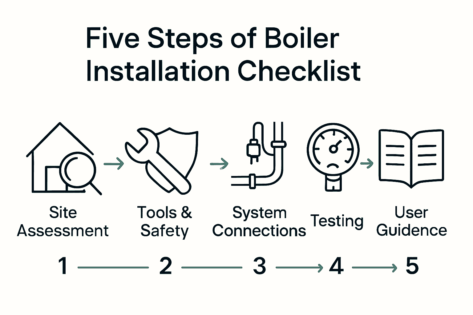 Infographic showing five essential boiler installation steps with icons and arrows.