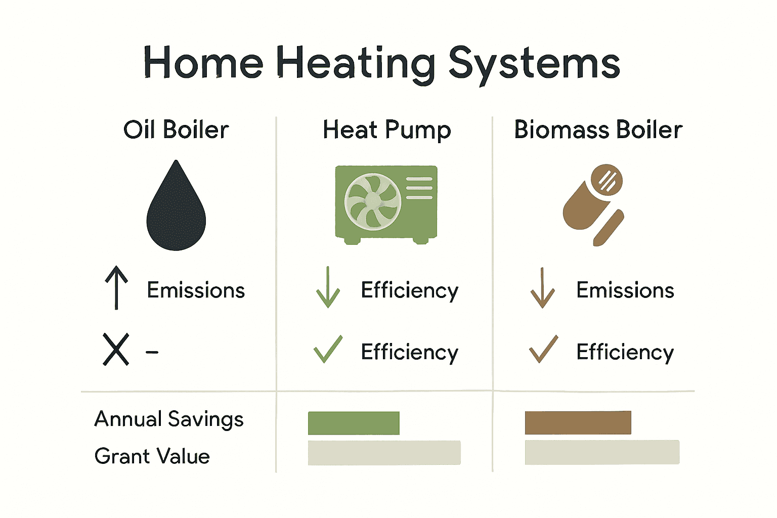 Infographic comparing oil boilers, heat pumps, and biomass boilers for UK homes.