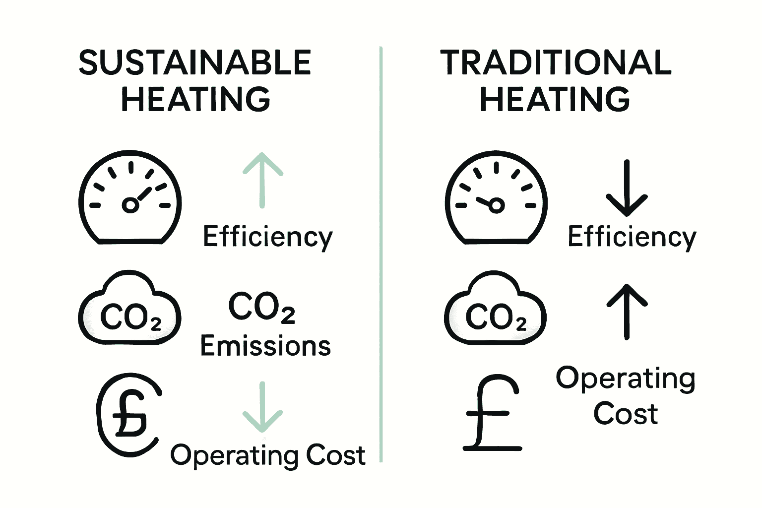 Infographic comparing sustainable and traditional heating benefits and drawbacks