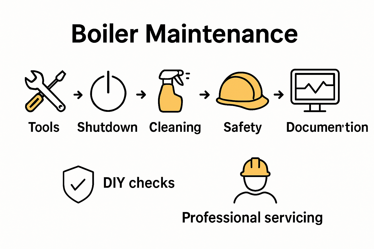 Boiler maintenance checklist steps with icons for each stage