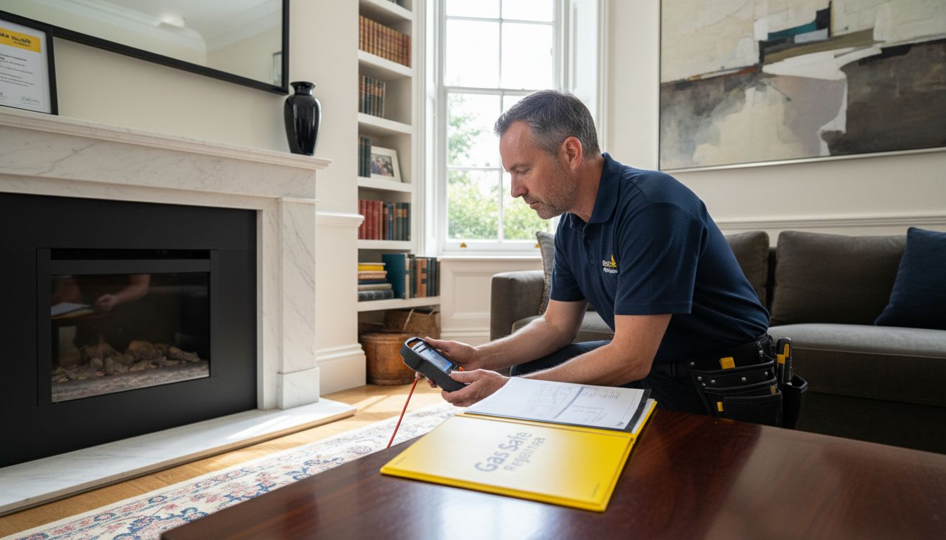 Engineer servicing gas fire in UK home