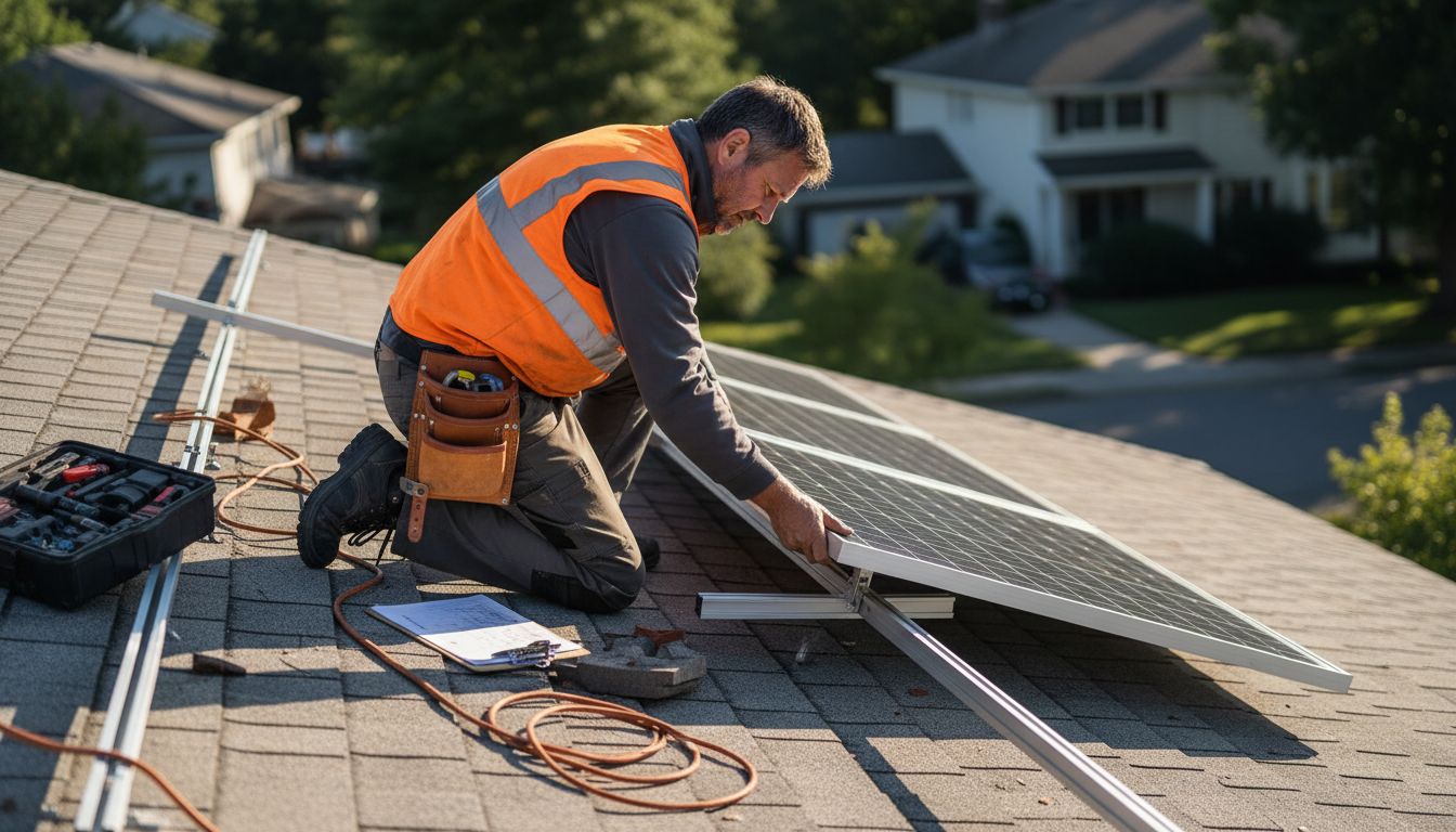 Technician mounting solar thermal panels on roof