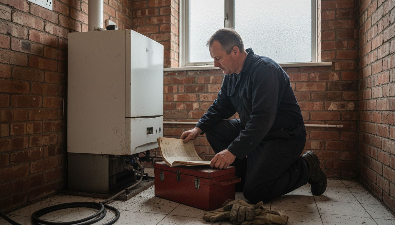 Technician installing oil boiler in UK utility room