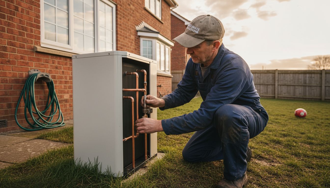 Technician installing heat pump outside brick home