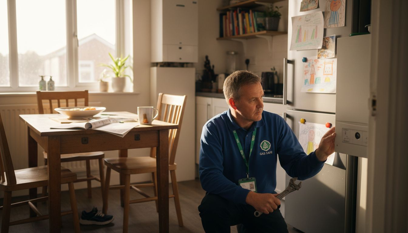 Gas Safe engineer inspecting boiler in kitchen