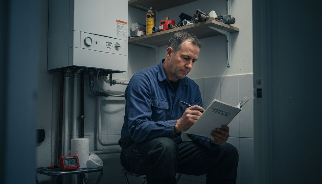 Engineer reviews boiler service report in utility closet