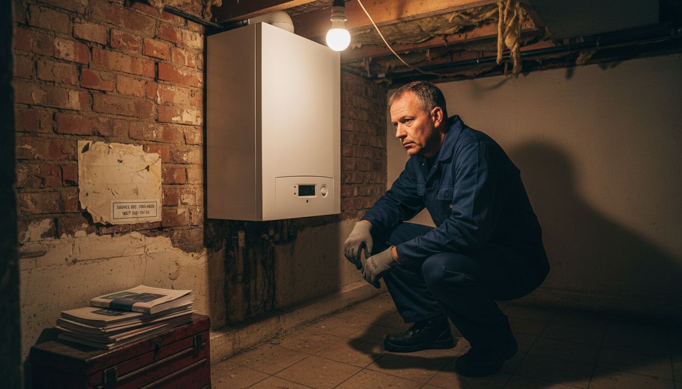 Technician inspecting modern boiler in basement